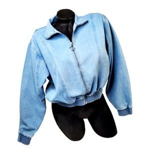 Haute Monde Denim Bomber Zip Up Jacket with Smocked Bottom.